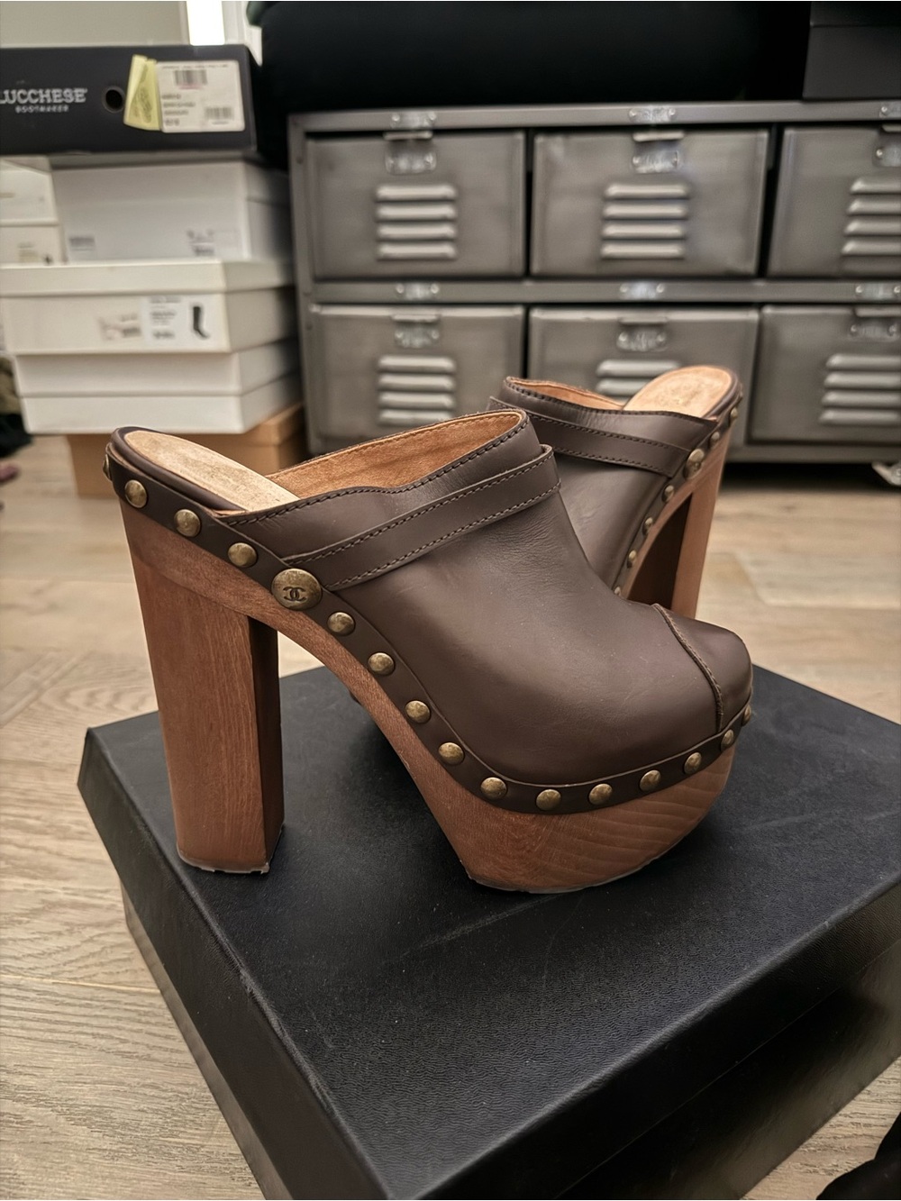 CHANEL Brown Leather Studded Clog Mules
